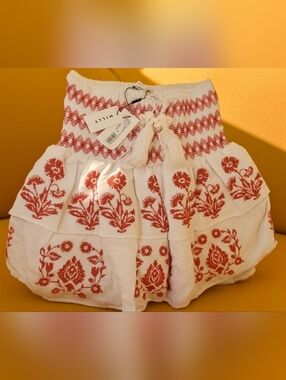 Milly White Mini Skirt Red Embroidered Detail and Shell Tassels